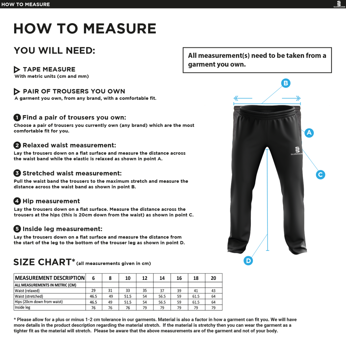 Women's Rip Stop Track Pant :  Navy - Size Guide