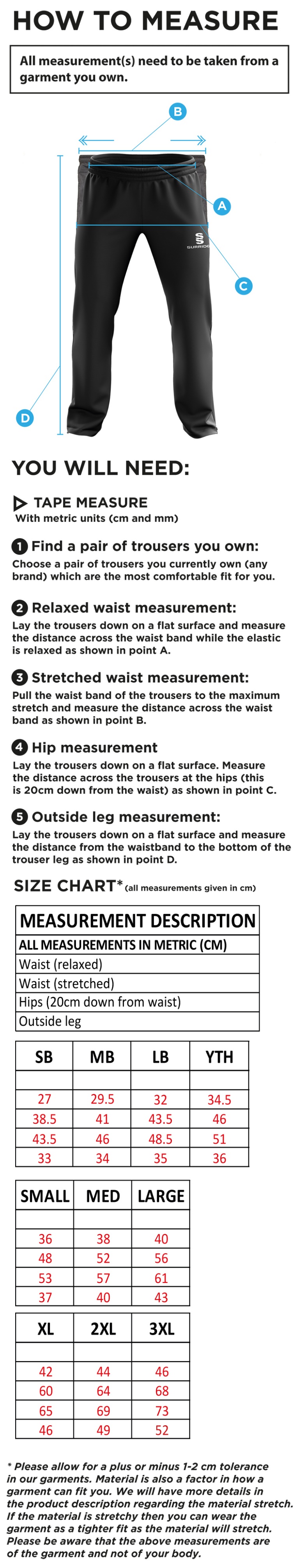 Barns Green CC Rip Stop Track Pant : Navy - Size Guide