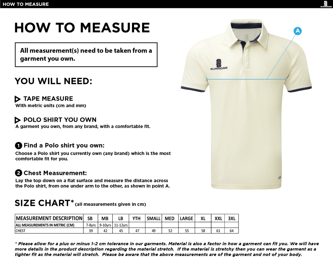 Barns Green CC  Ergo Short Sleeve Green Trim Shirt - Size Guide