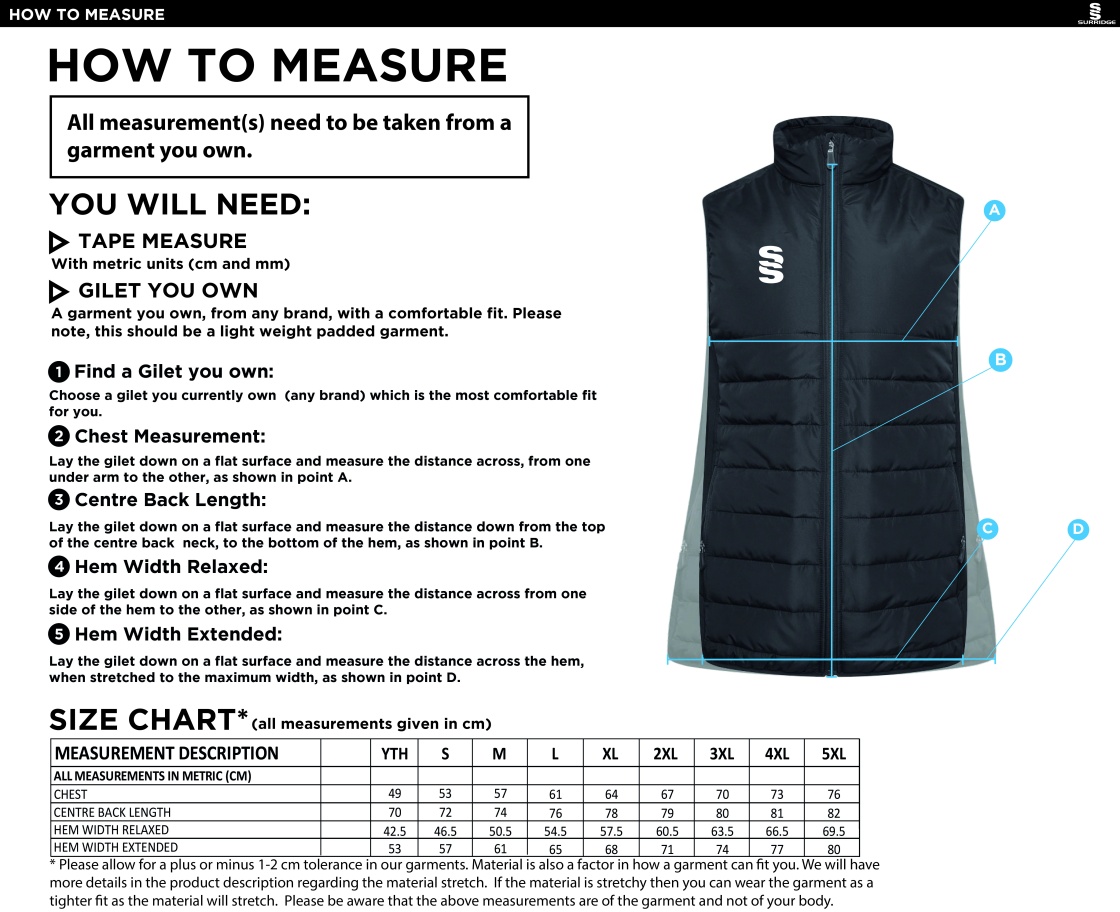 Barns Greens CC ACTIVE GILET - NAVY - Size Guide