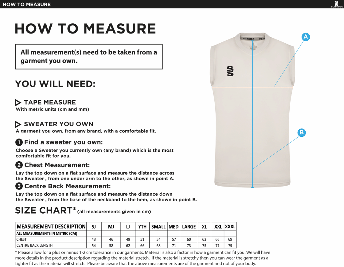 Blast Sleeveless Cricket Sweater - Size Guide
