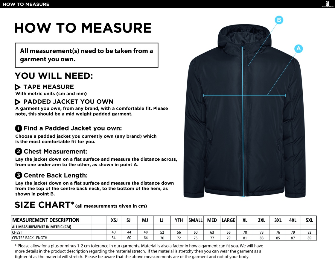 Barns Greens CC Active Padded Jacket - Navy - Size Guide