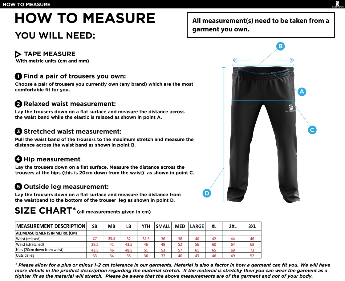 Barns Green CC Youth's Rip Stop Track Pant : Navy - Size Guide