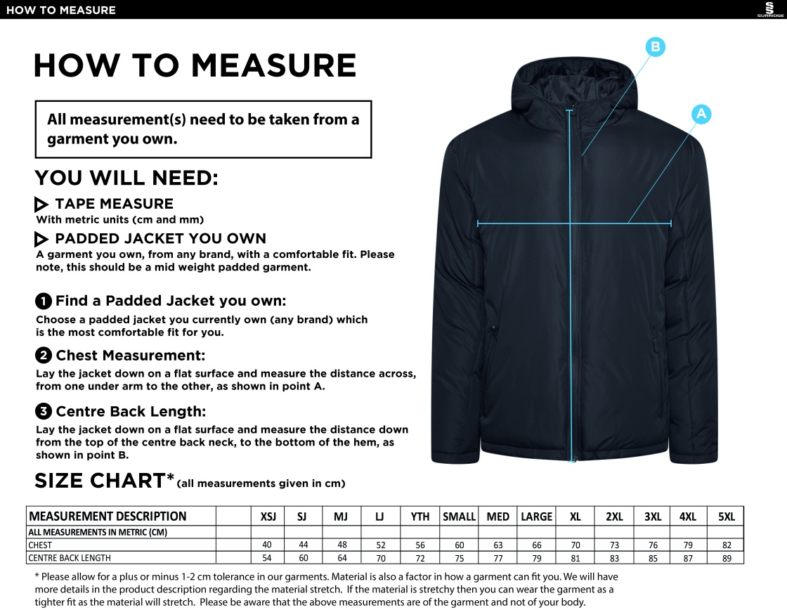 Barns Greens CC Active Padded Jacket - Navy - Size Guide