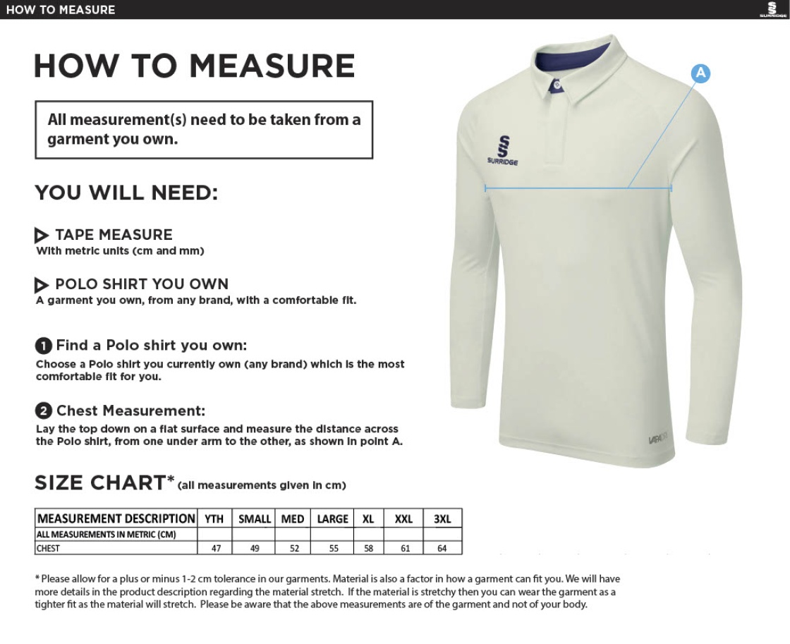 Barns Green CC  Ergo Long Sleeve Green Trim Shirt - Size Guide