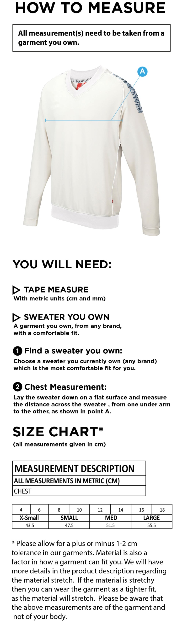 Blast Long Sleeve Women's Cricket Sweater - Size Guide