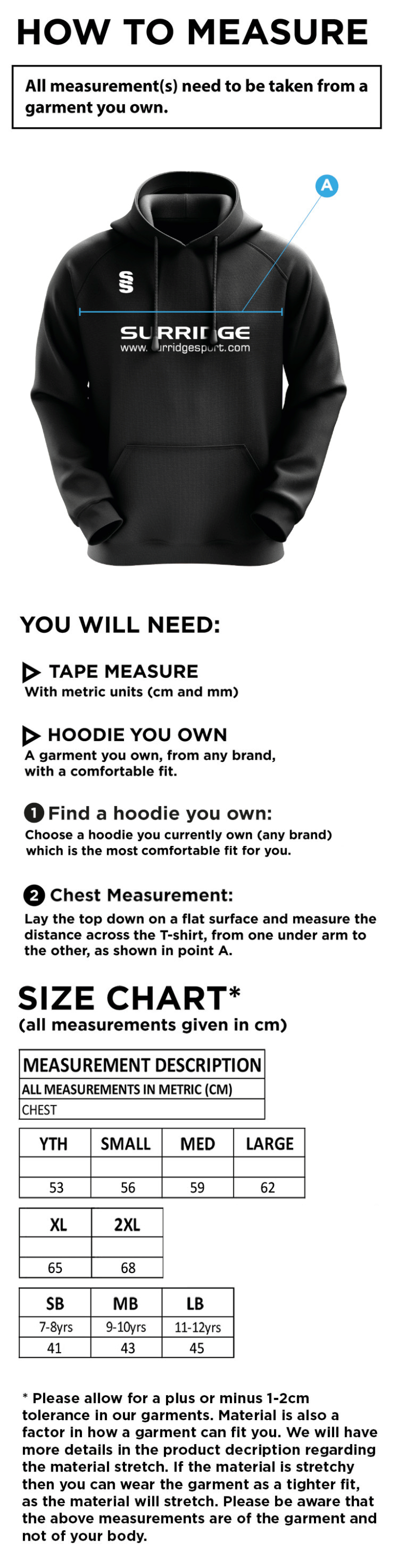 Barns Green CC Blade Hoody - Size Guide
