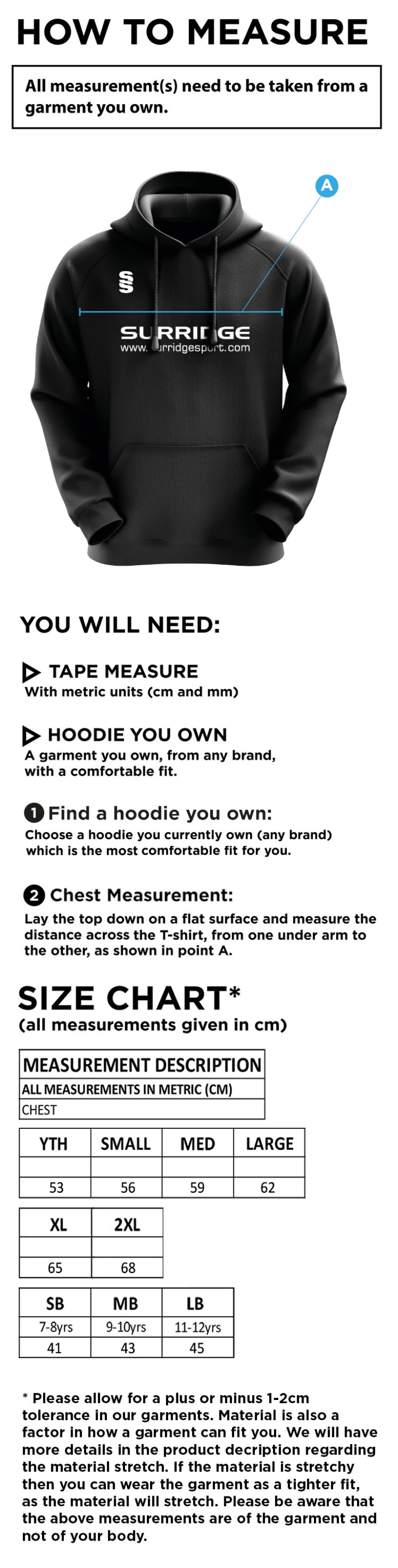 Barns Green CC Blade Hoody - Size Guide