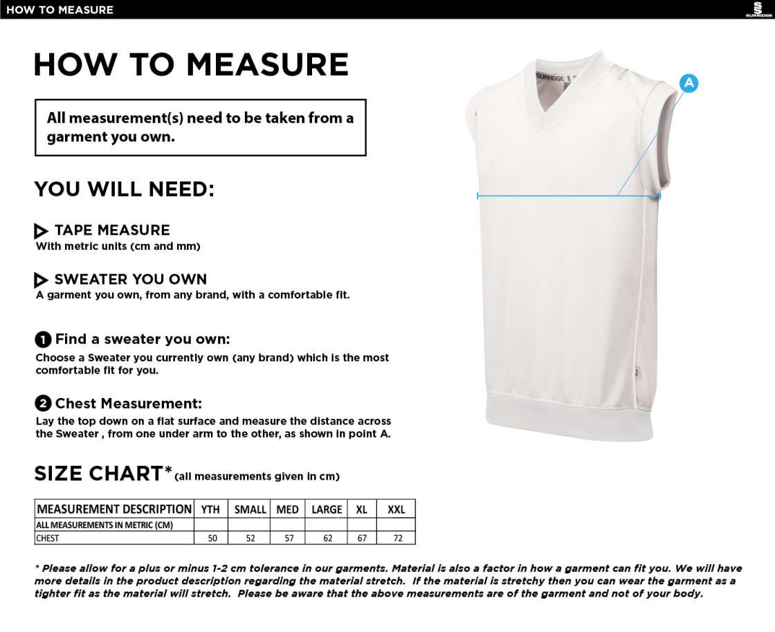 Barns Green CC  Sleeveless Sweater Green Trim - Size Guide