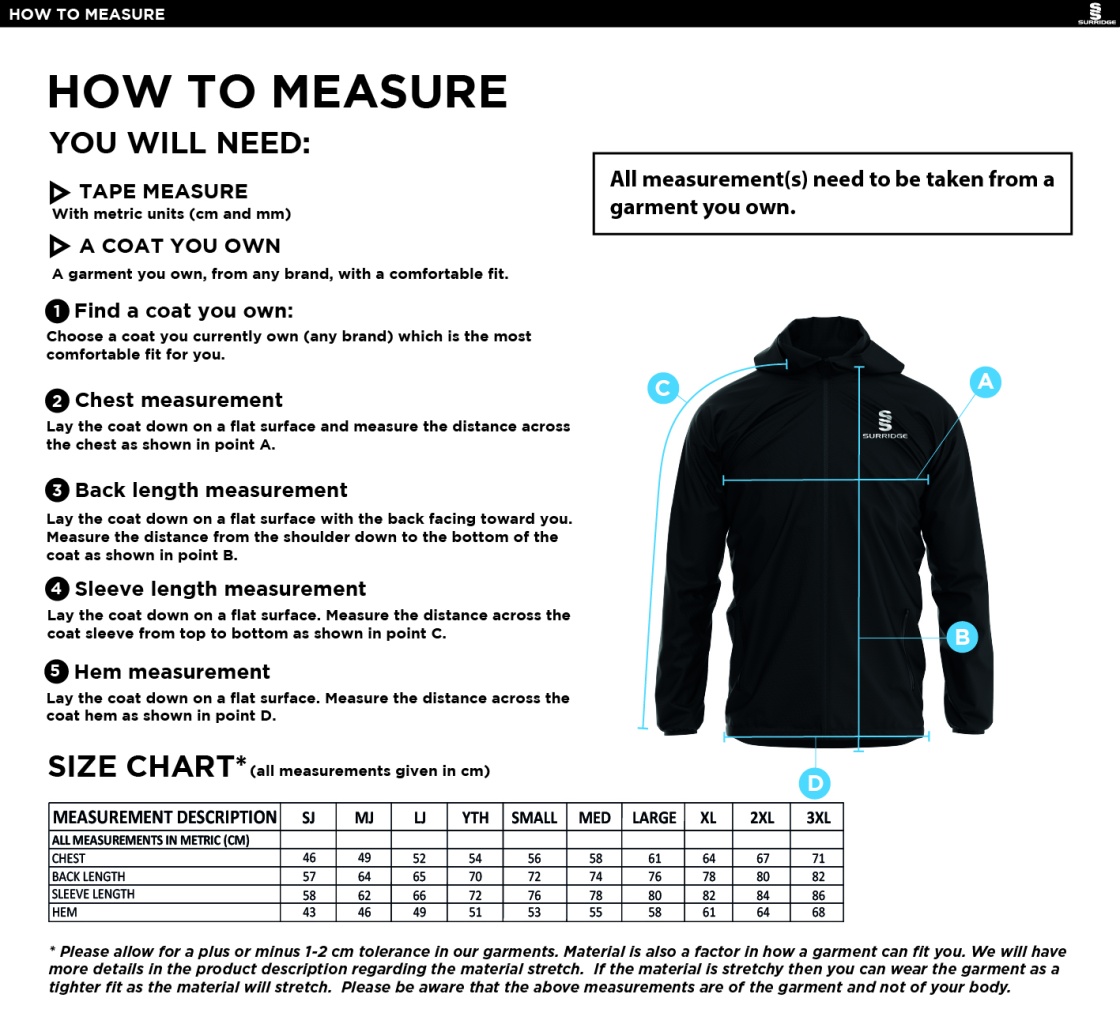 Barns Greens CC Dual Elite 1/4 Zip Hoody / Rain Jacket - Size Guide