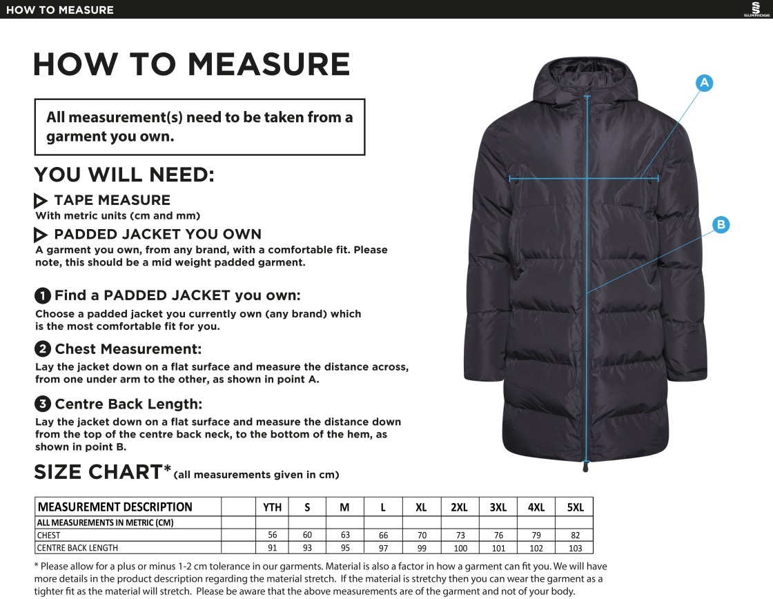 Barns Greens CC ACTIVE LONG PADDED JACKETS - Size Guide