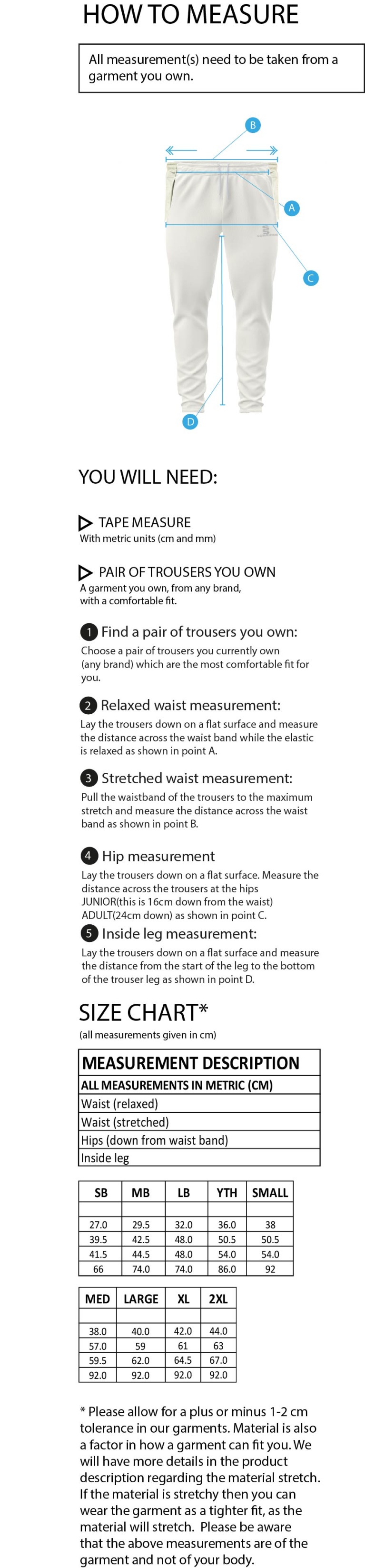 Barns Green CC Tek Playing Pant - Size Guide