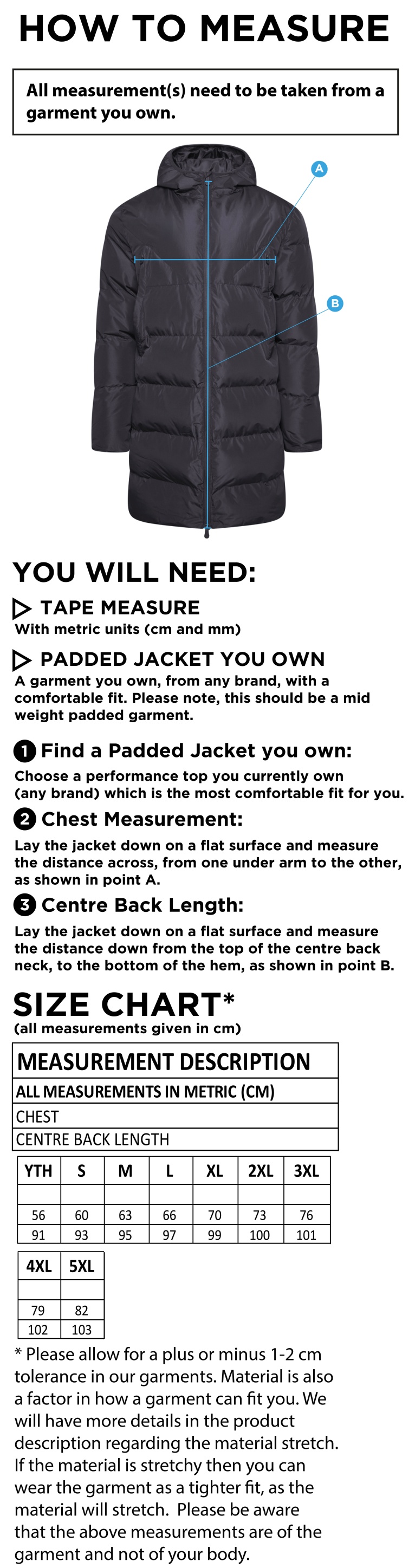 Barns Greens CC ACTIVE LONG PADDED JACKETS - Size Guide