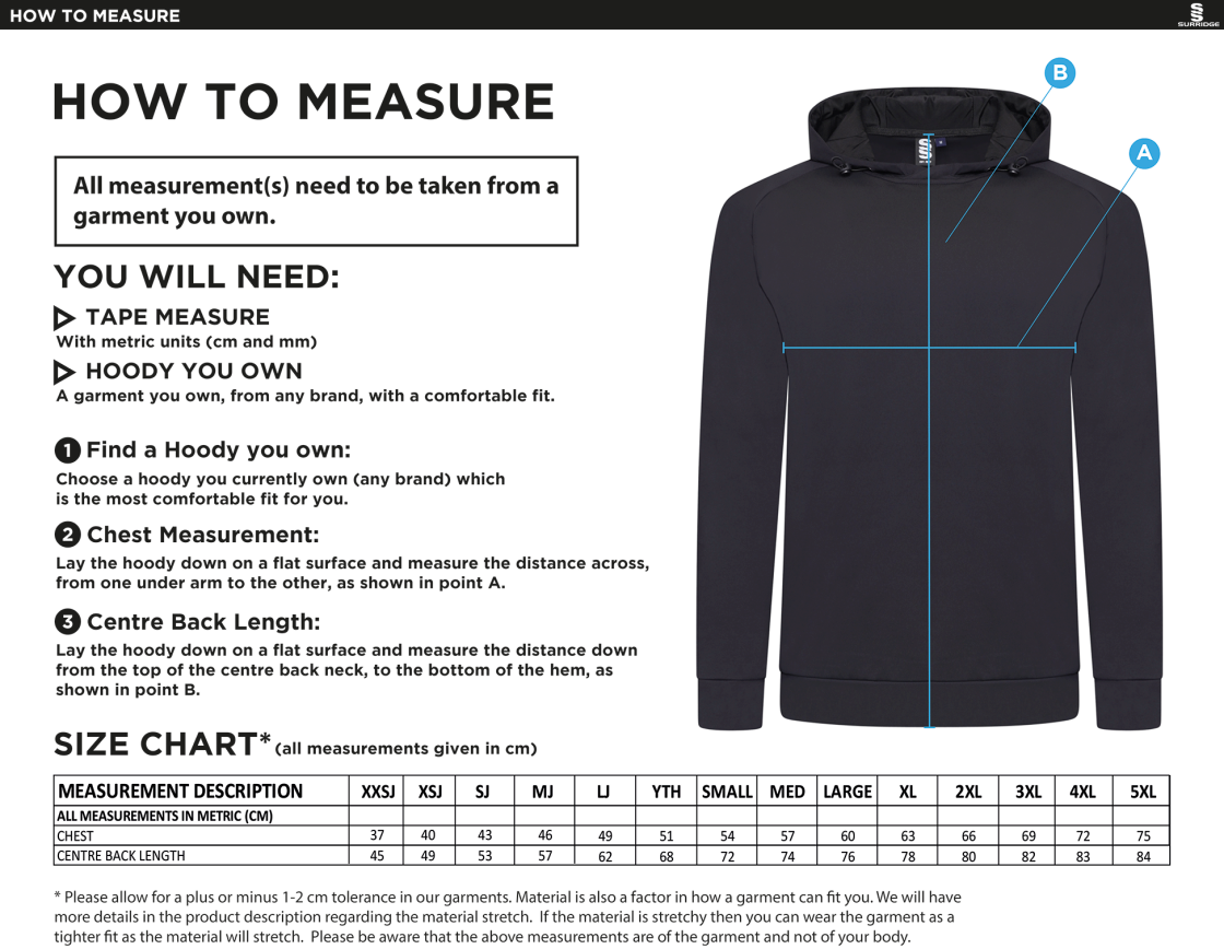 Barns Greens CC ACTIVE HOODY NAVY - Size Guide