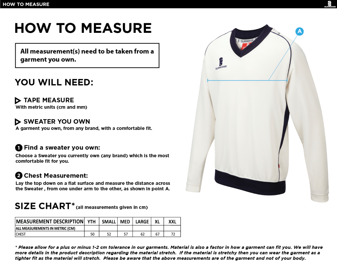 Barns Green CC  Long Sleeve Sweater Green Trim - Size Guide